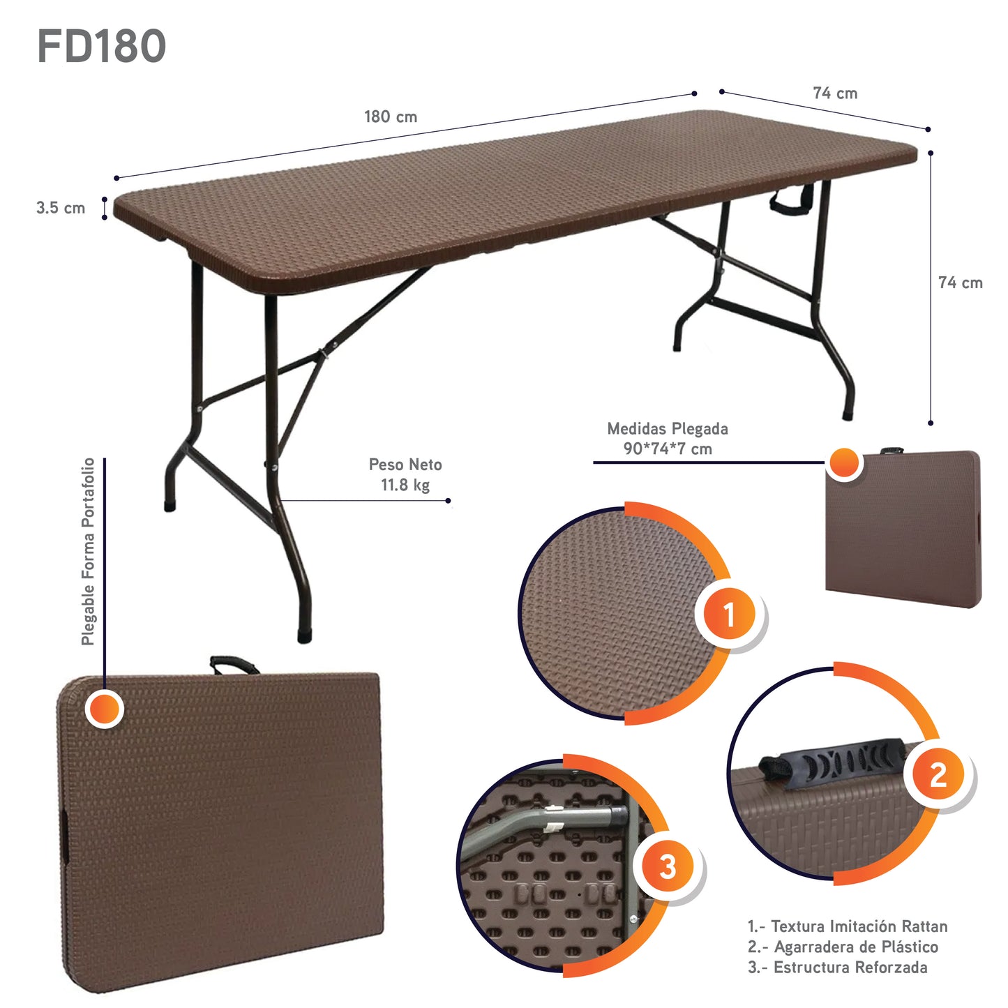 Mesa Plegable De Plástico Portafolio 1.80 M Imitación Rattan